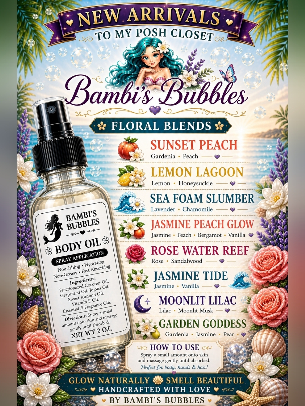Low Stock! Hand Crafted Floral Blends Body Oil 2oz Spray Application